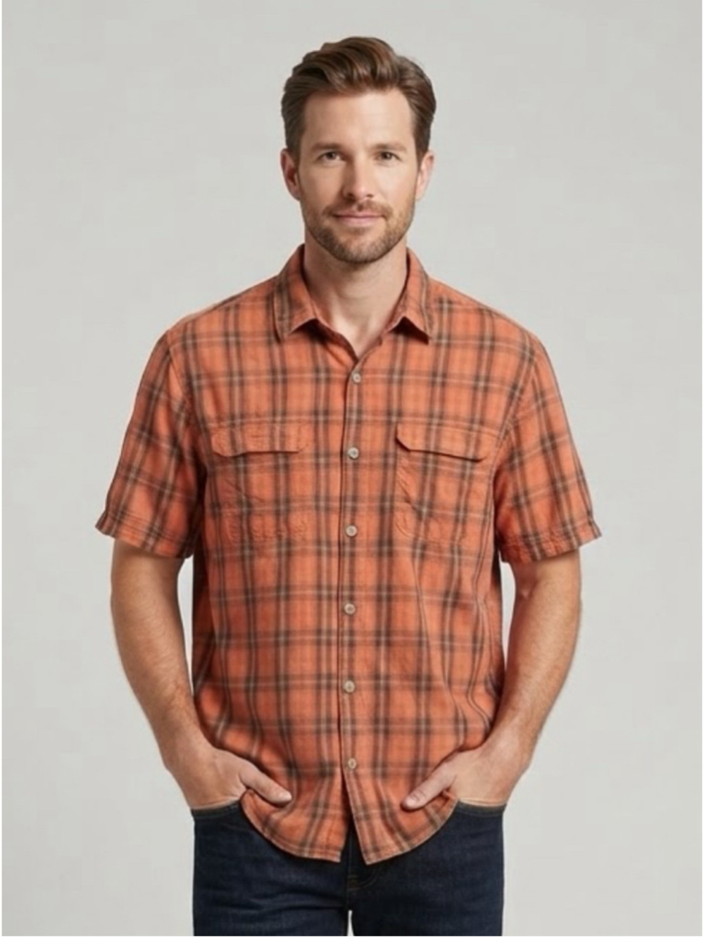 Magellan Outdoors men short sleeve orange black plaid casual button down size XL